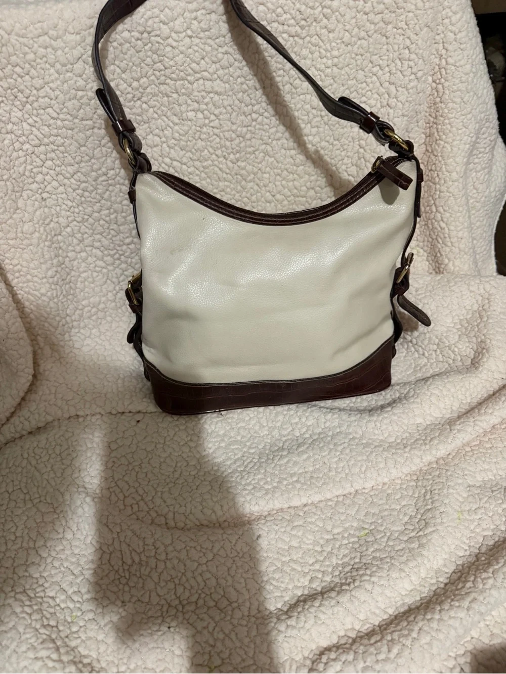 Cream and Dark Brown Two-Tone Leather Shoulder Bag